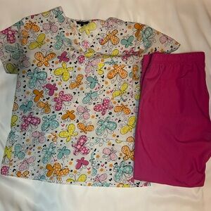 pink and white scrub set